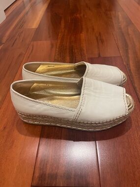 Prada White Leather Espadrille Platform Peep-Toe Slides with Gold Insole